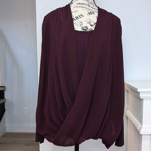 DEX | Women's Deep Burgundy Draped Front Wrap Long Sleeved Blouse